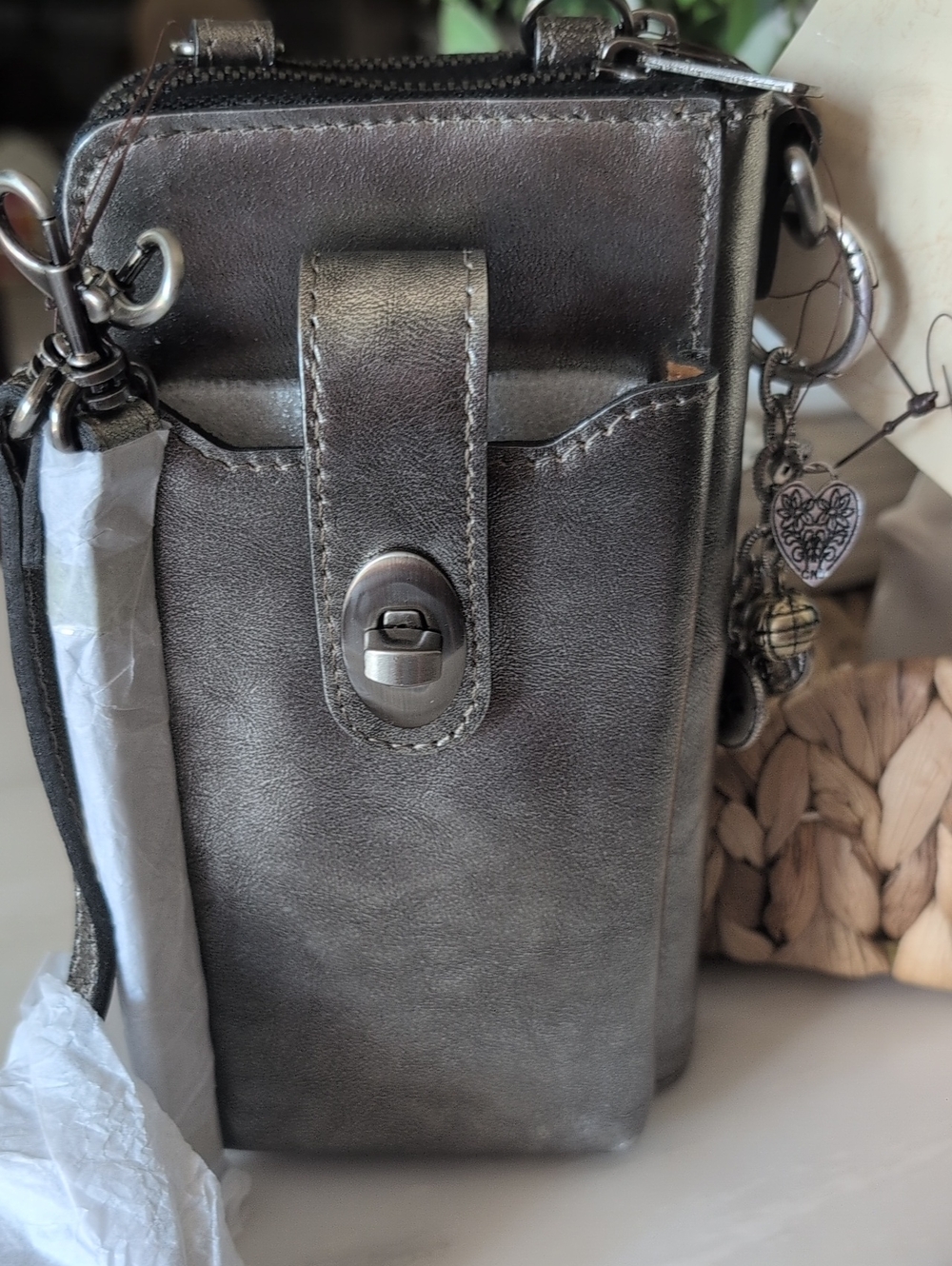 Patricia NASH Metallic Gray Crossbody Phone Bag with Charm
